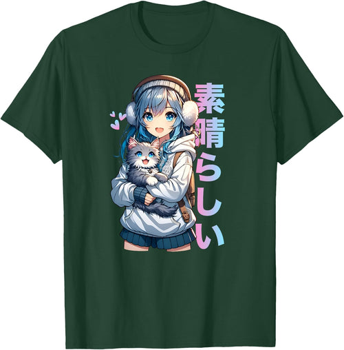 Mignon Anime Fille avec Un Chat pour Amoureux des Chats Kawaii Otaku Manga Haut de Gamme