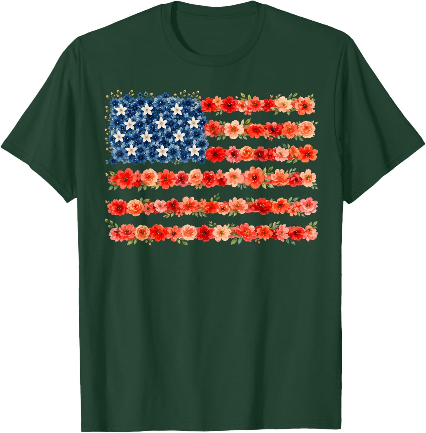 Floral American Flag Flowers Wildflowers 4th of July Women T-Shirt - T-Shirt | Forest