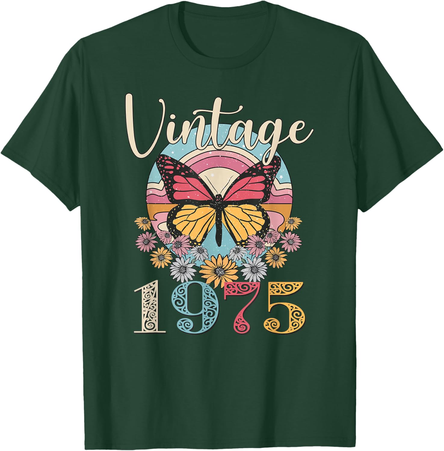Vintage 47th 1975 Butterfly Floral Birthday Women Mom Gifts T-Shirt - T-Shirt | Forest