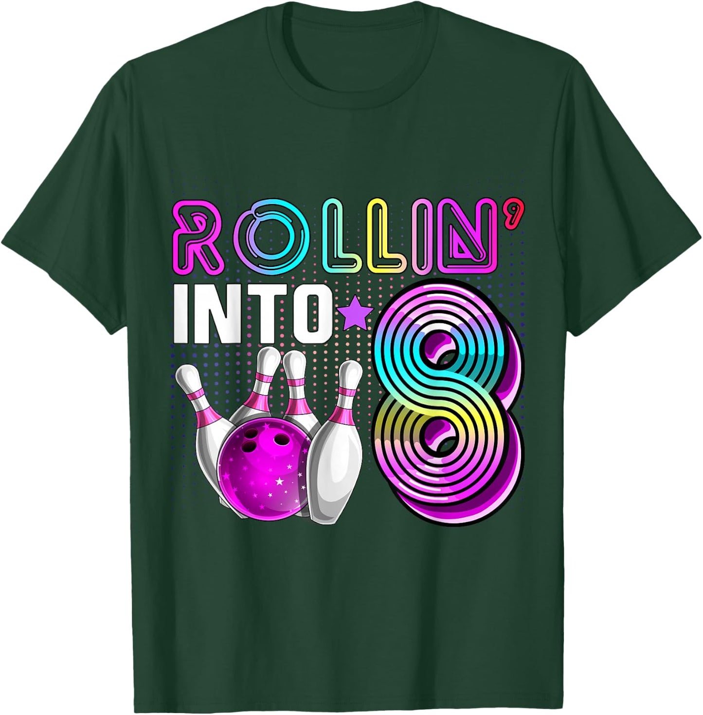 Rollin into 8 Bowling Birthday Party 8th Birthday Retro Girl , black, s T-Shirt - T-Shirt | Forest