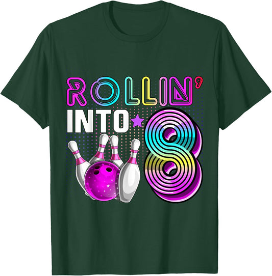Rollin into 8 Bowling Birthday Party 8th Birthday Retro Girl , black, s T-Shirt - T-Shirt | Forest