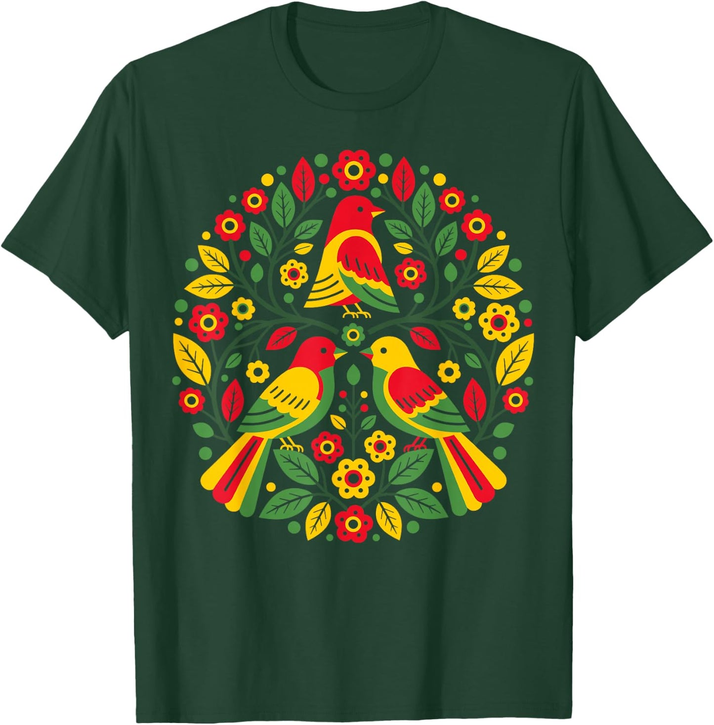 Rasta Reggae Roots Three Birds Jamaica Folk Art Floral T-Shirt - T-Shirt | Forest