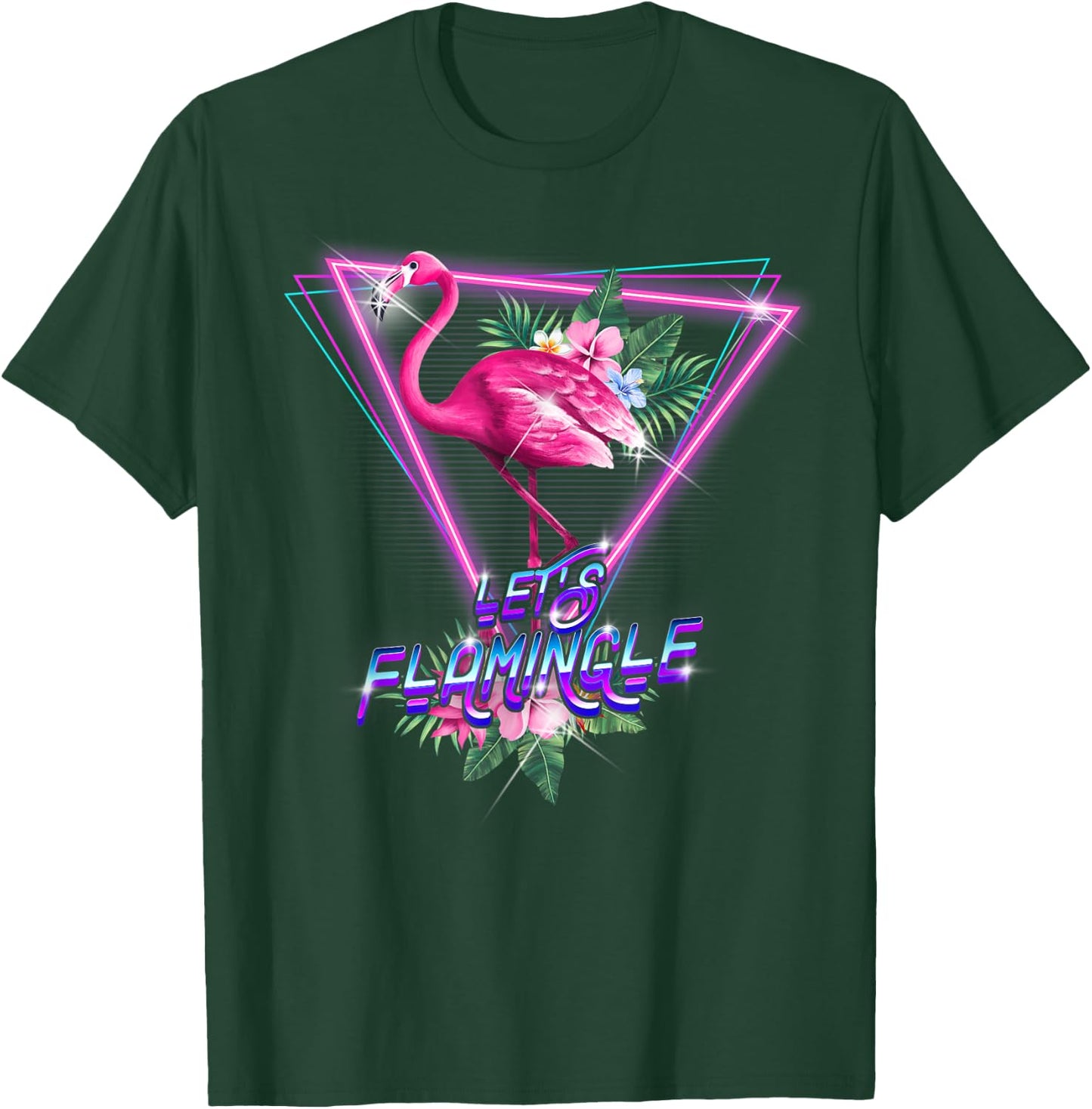 Retro 80s Botanical Tropical Leaf Flowers Let's Flamingle T-Shirt - T-Shirt | Forest