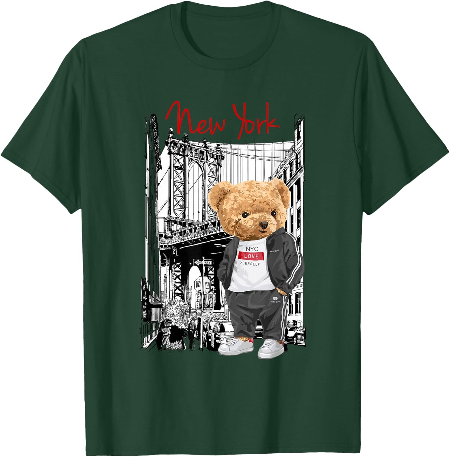 Cool New York City Teddy Bear Illustration Graphic Designs , Black, S T-Shirt - T-Shirt | Forest