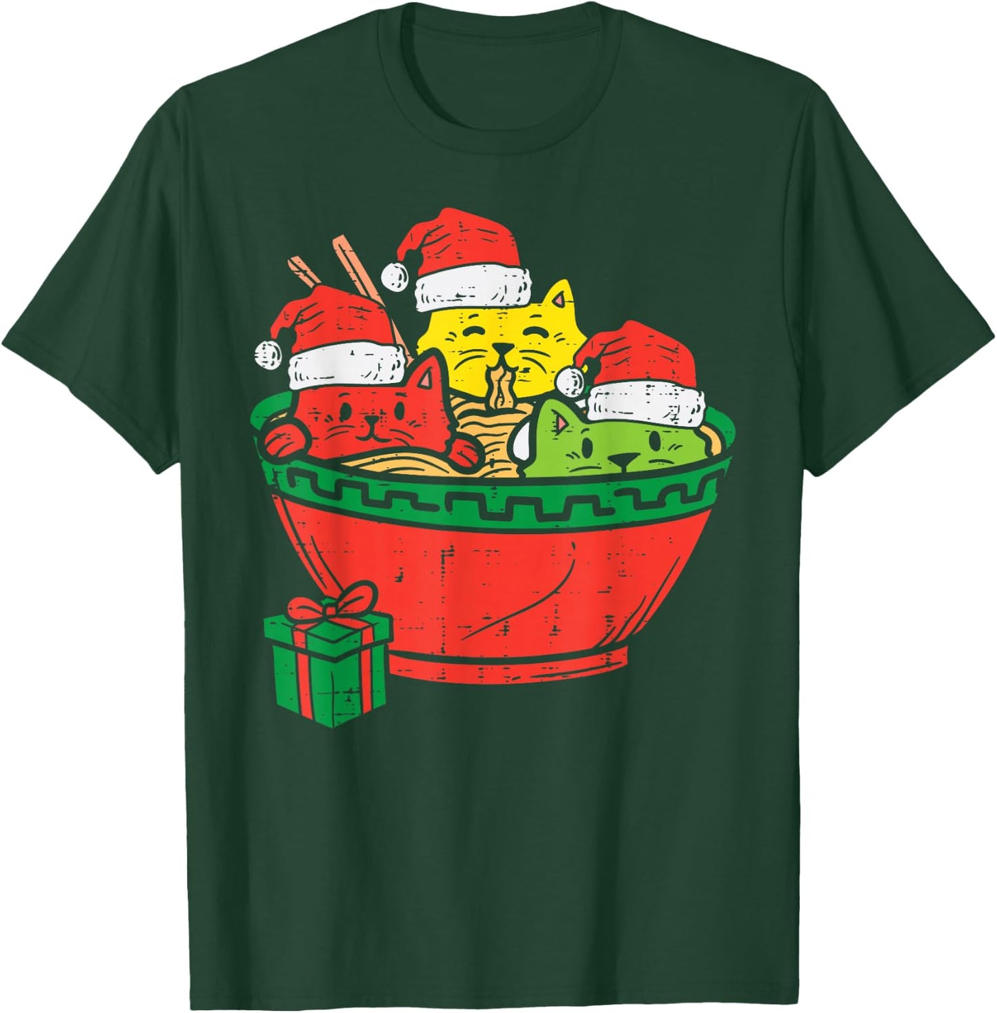 Santa Ramen Cats Anime Christmas Xmas Japanese Kids Girls T-Shirt - T-Shirt | Forest
