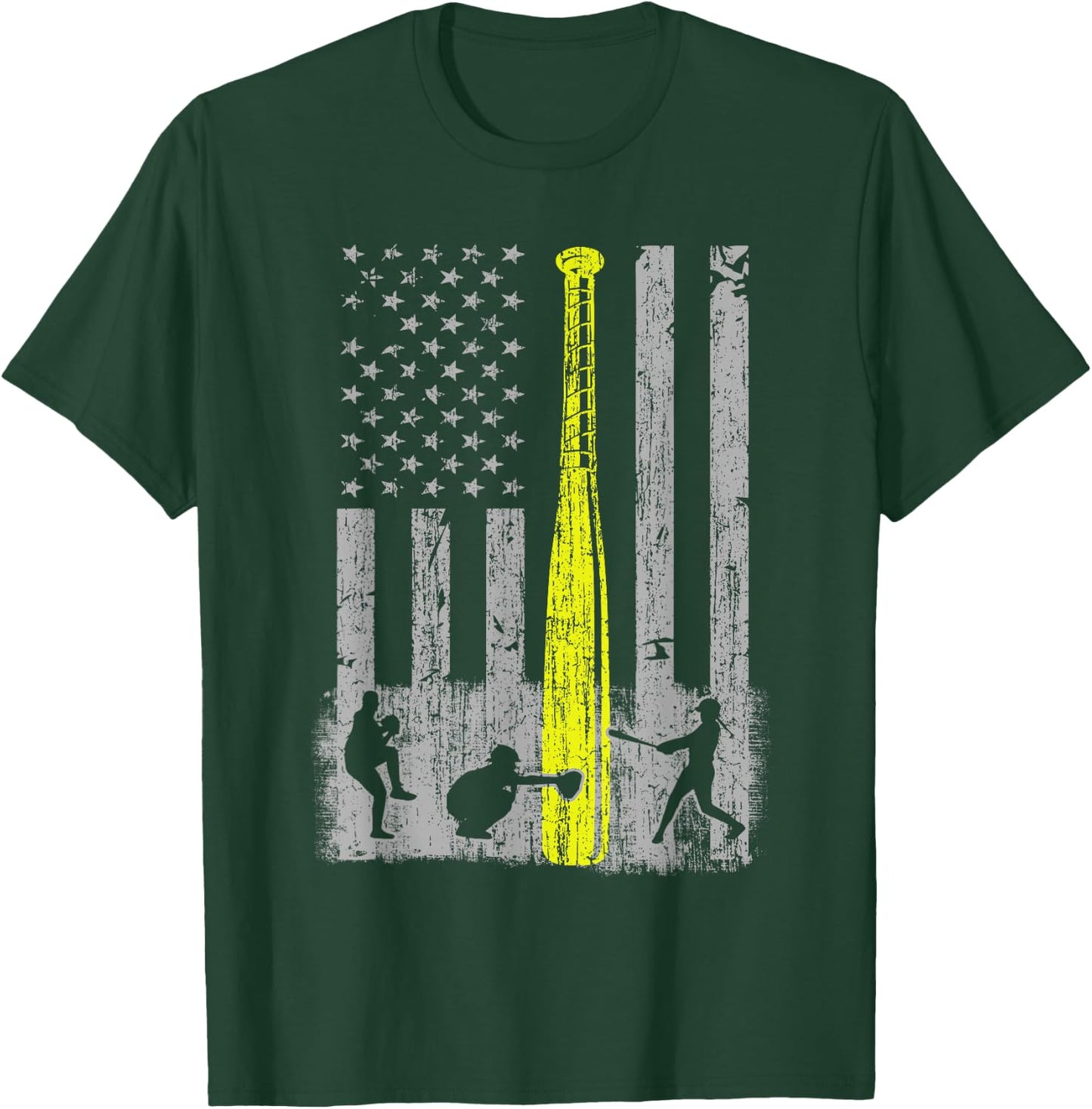 Vintage Softball American Flag Patriotic Sports 4th of July T-Shirt - T-Shirt | Forest