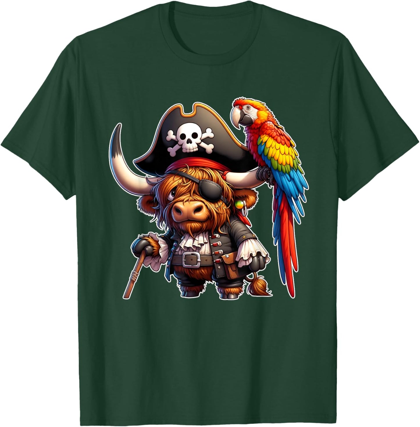 Pirate Highland Cow with Colorful Parrot T-Shirt - T-Shirt | Forest