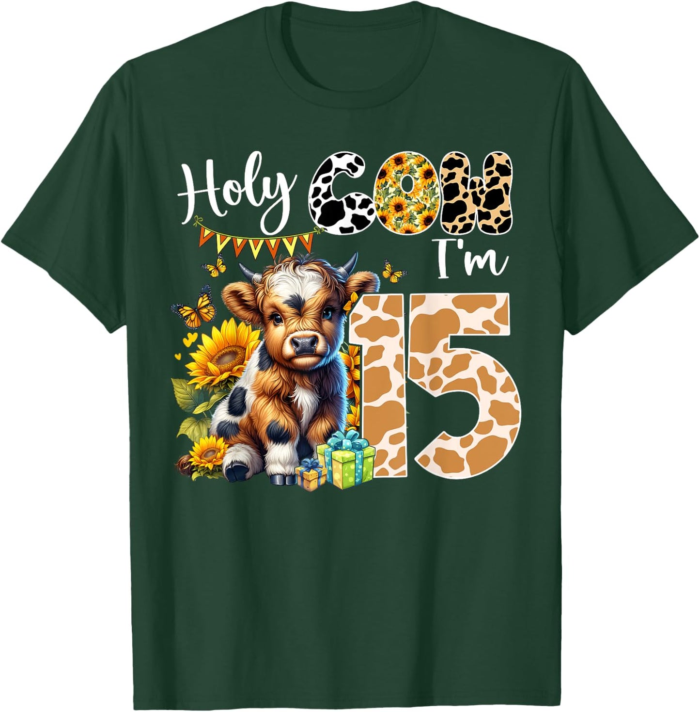 Holy Cow I’m 15 Years Old Dairy Cow Sunflowers 15th Birthday T-Shirt - T-Shirt | Forest