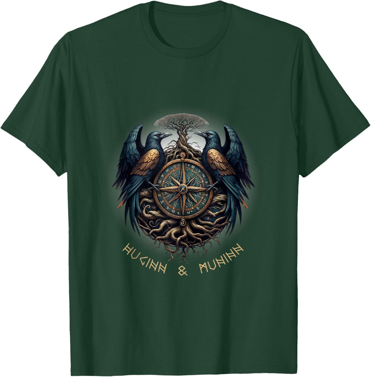 Odin Ravens Huginn & Muninn Vegvisir Vikings Myth T-Shirt - T-Shirt | Forest