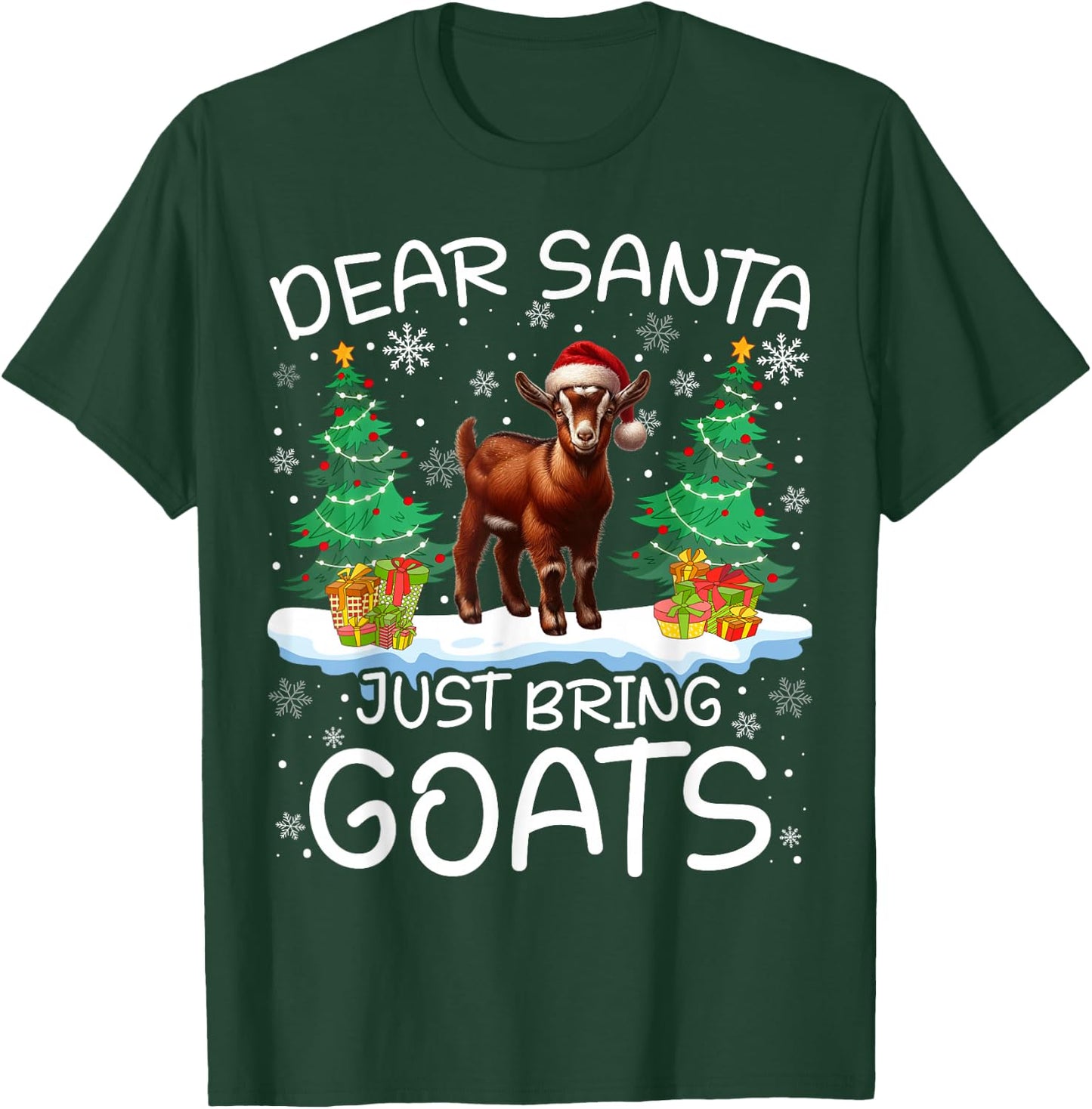 Goat Funny Santa Hat Tree Xmas Lights Snowflakes Gifts T-Shirt - T-Shirt | Forest