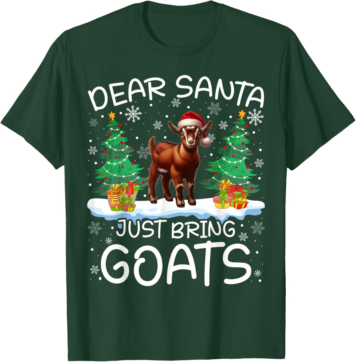 Goat Funny Santa Hat Tree Xmas Lights Snowflakes Gifts T-Shirt - T-Shirt | Forest