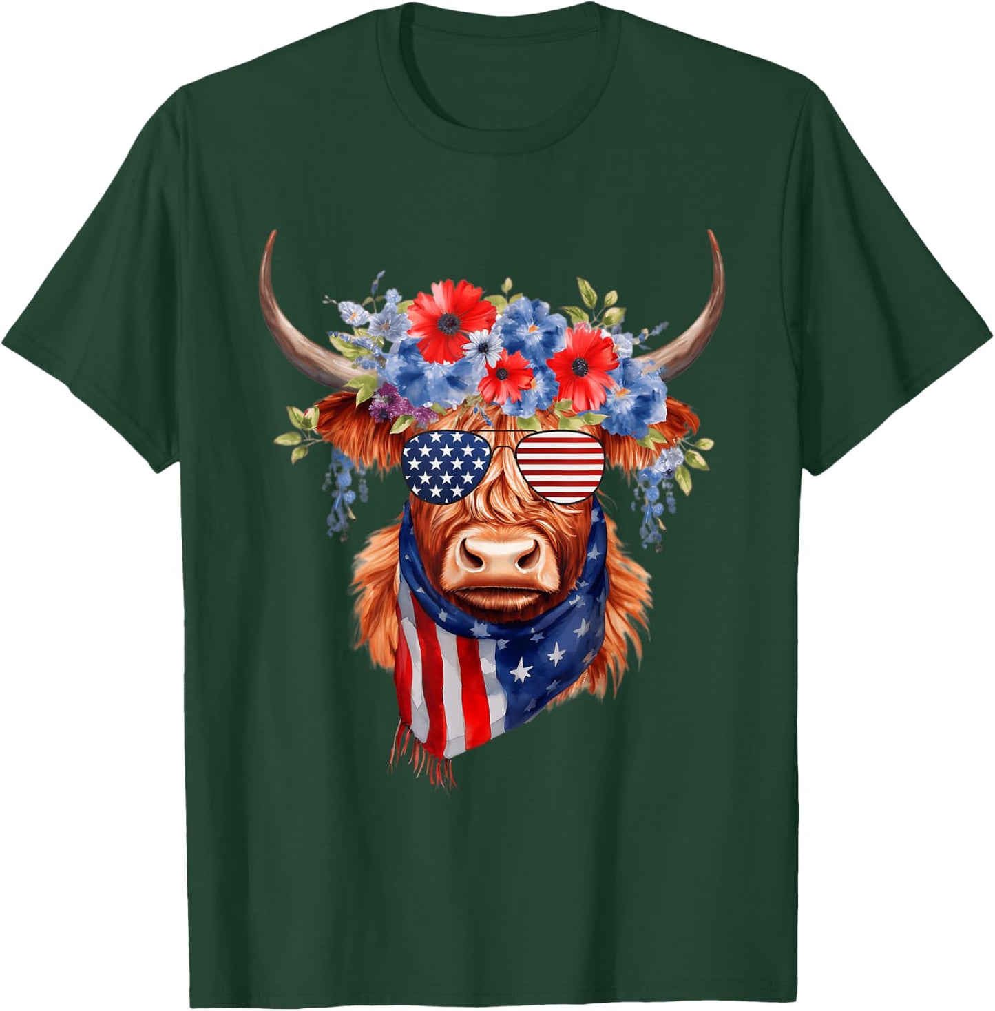 4th Of July Highland Cow Heifer American Sunglasses Bandana T-Shirt - T-Shirt | Forest