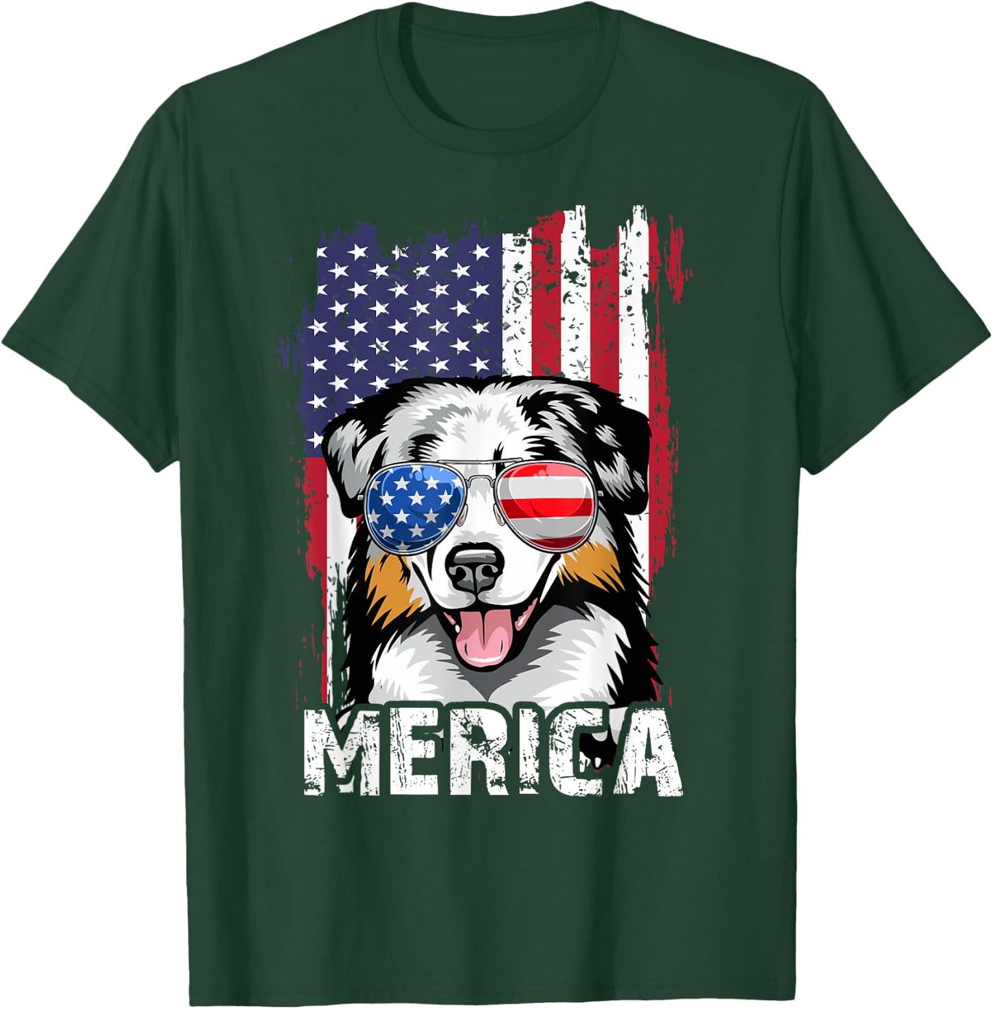 Merica Australian Shepherd 4th of July USA Flag Aussie Dog Kids Men T-Shirt - T-Shirt | Forest