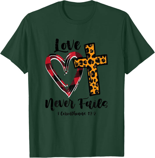 Love Never Fail Bible Valentines Day Leopard Christian Women T-Shirt - T-Shirt | Forest