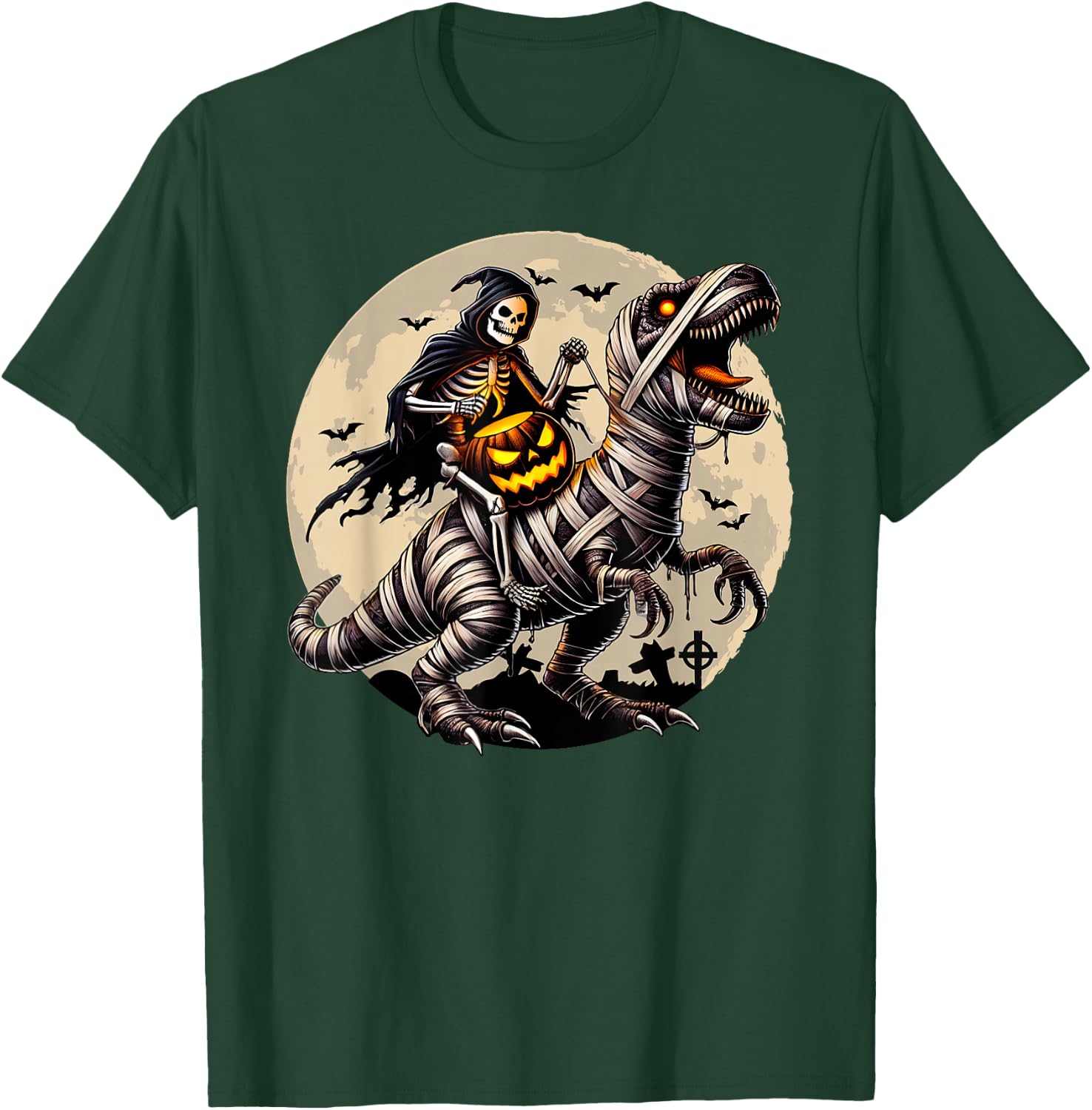 Skeleton Riding Mummy Dinosaur T Rex Pumpkin Funny Halloween T-Shirt - T-Shirt | Forest