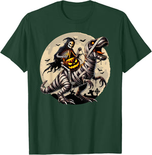 Skeleton Riding Mummy Dinosaur T Rex Pumpkin Funny Halloween T-Shirt - T-Shirt | Forest