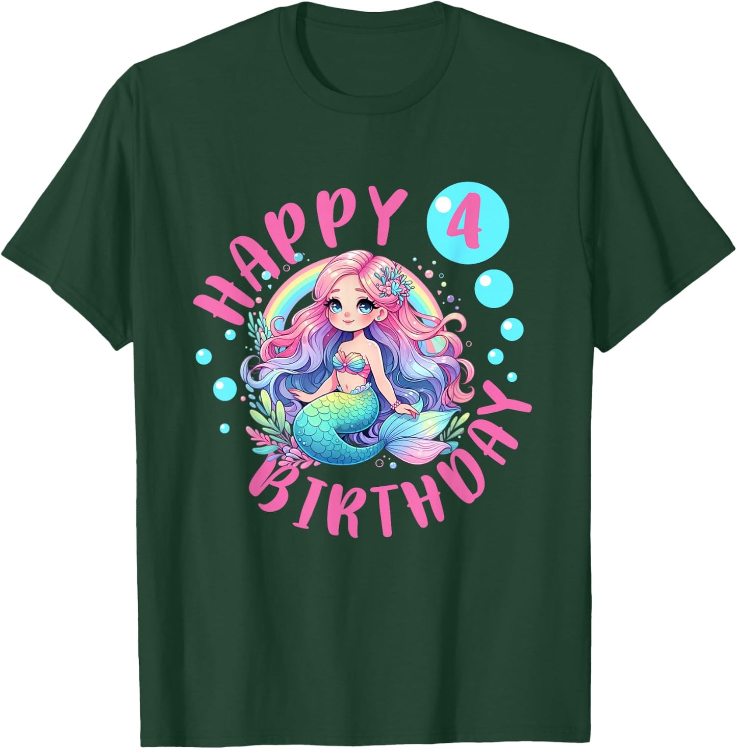 Happy Mermaid 4th Birthday Girl 4 Year Old Bday Mermaid T-Shirt - T-Shirt | Forest