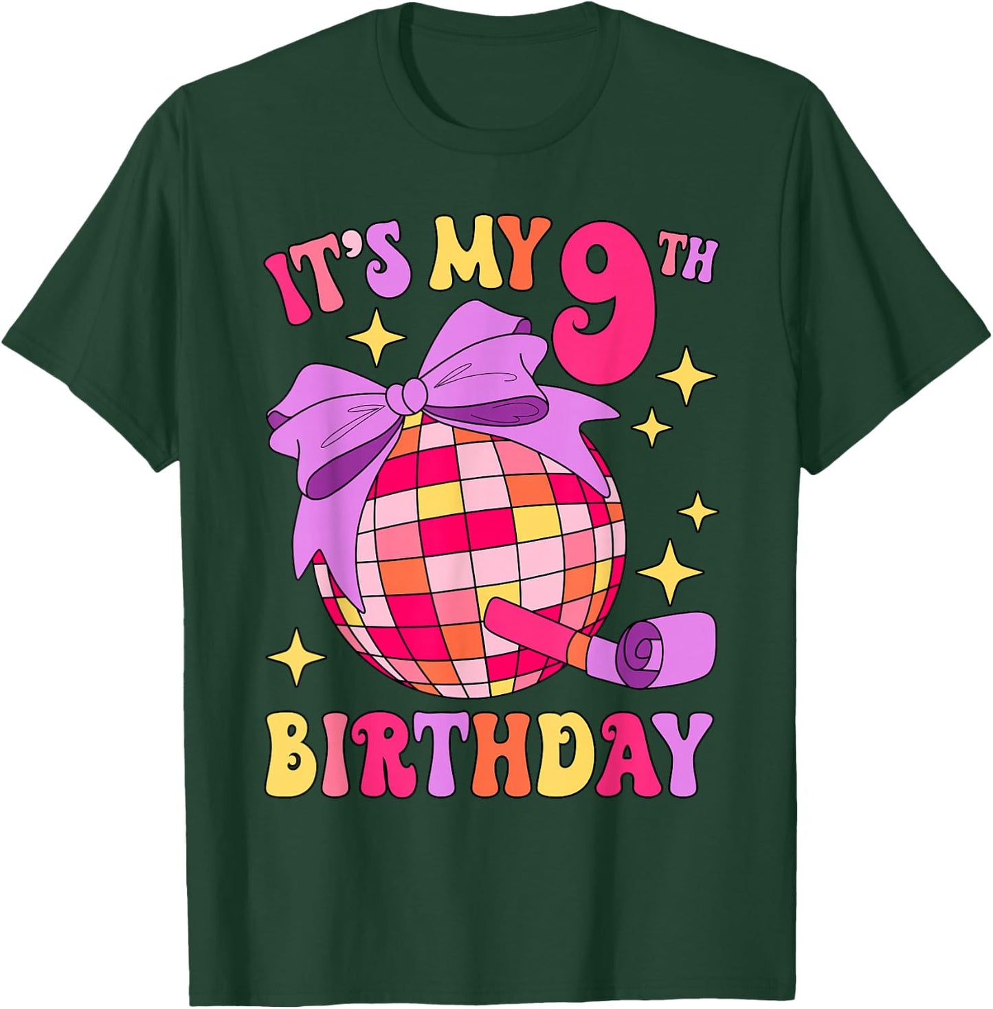 It's My 9th Birthday Disco Bow Party 9 Years Old Kids Girls T-Shirt - T-Shirt | Forest