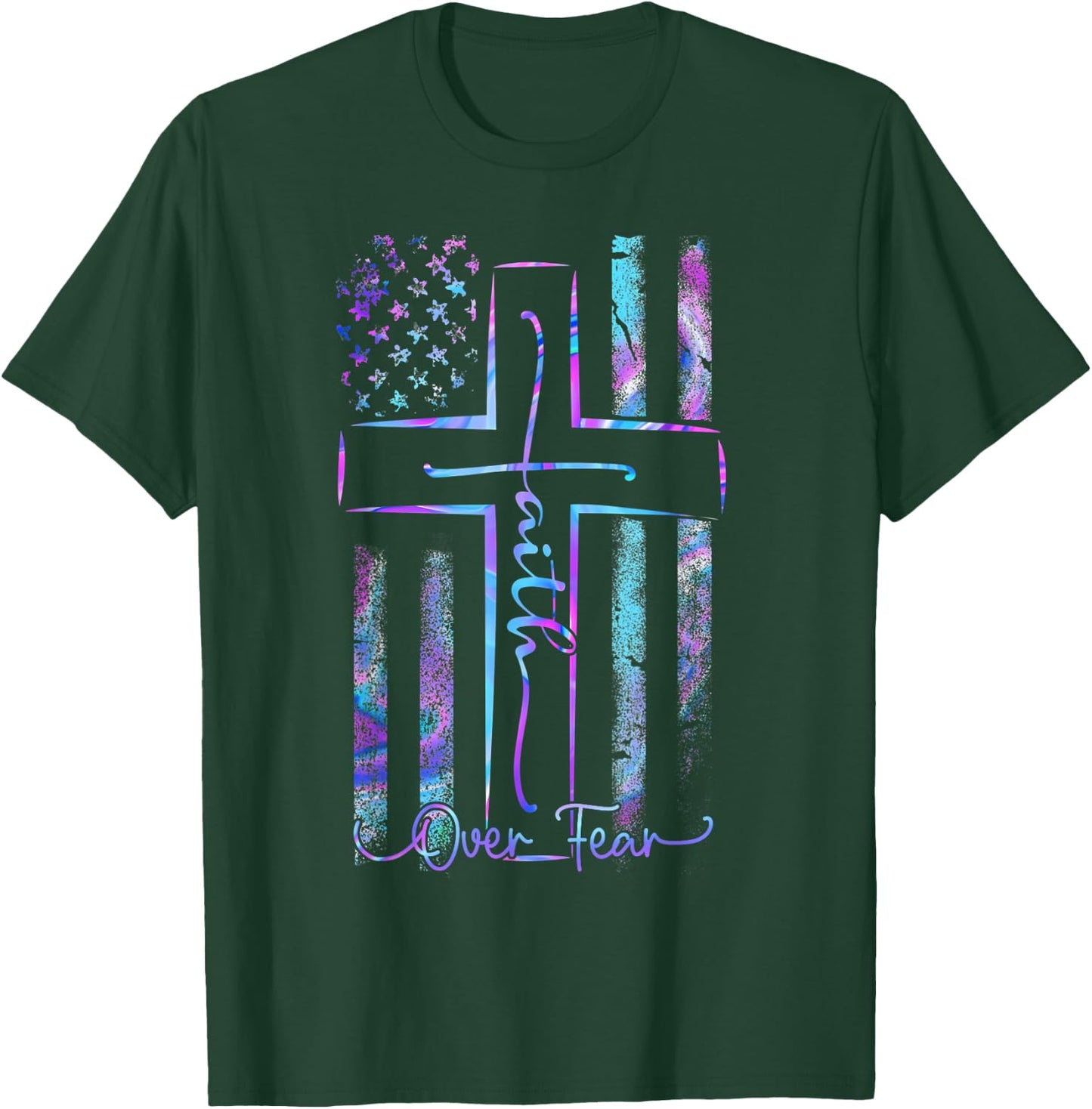 America Pride US Flag Faith Over Fear Prayer Men Women T-Shirt - T-Shirt | Forest