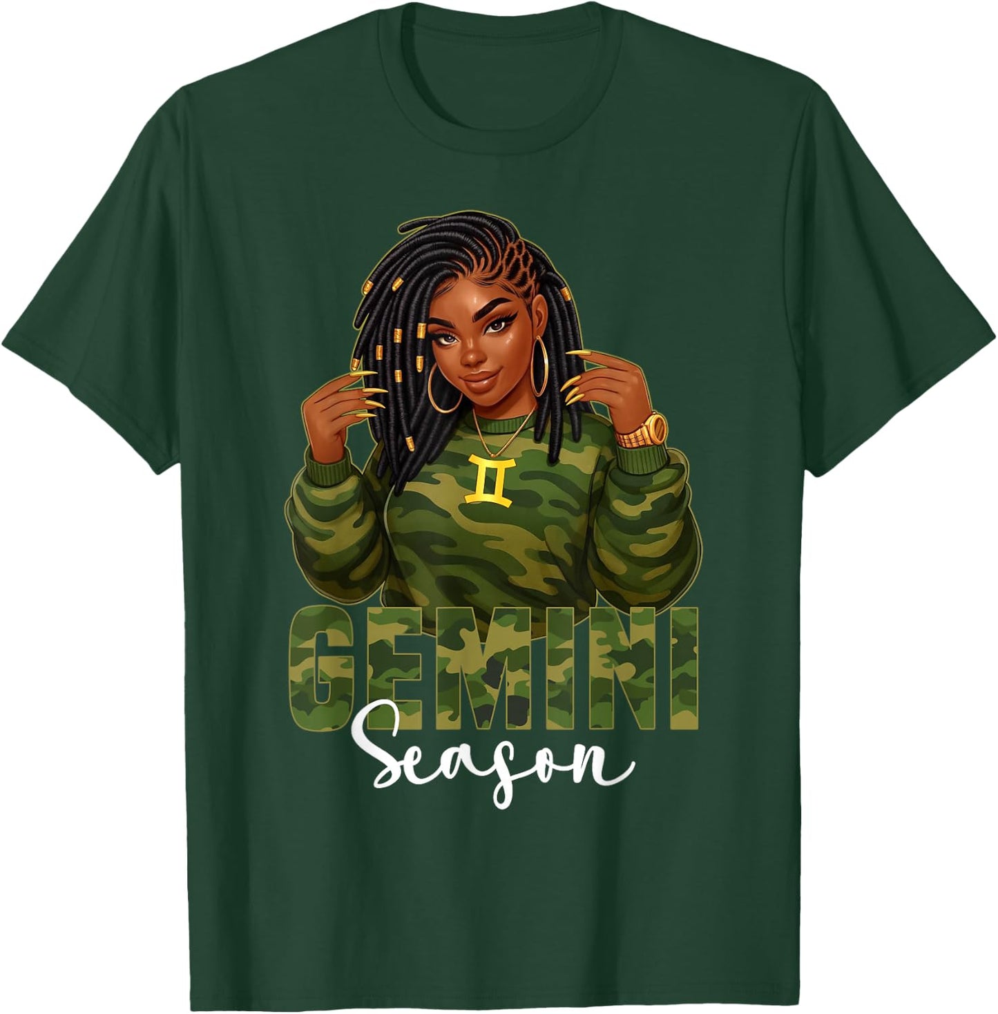Gemini Season Loc'd Black Woman Camo Zodiac Sign T-Shirt - T-Shirt | Forest