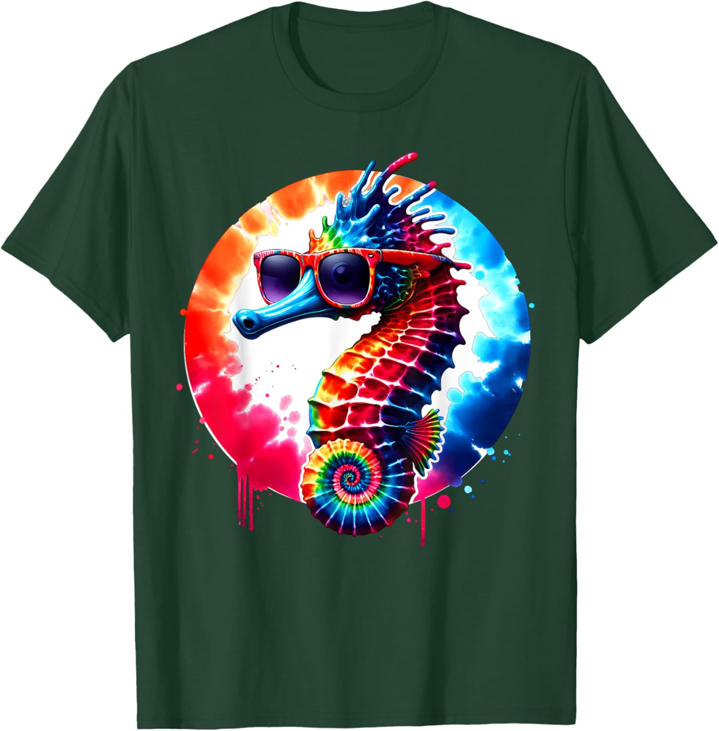Cool Graphic Tie Dye Sunglasses Seahorse Illustration Art T-Shirt - T-Shirt | Forest