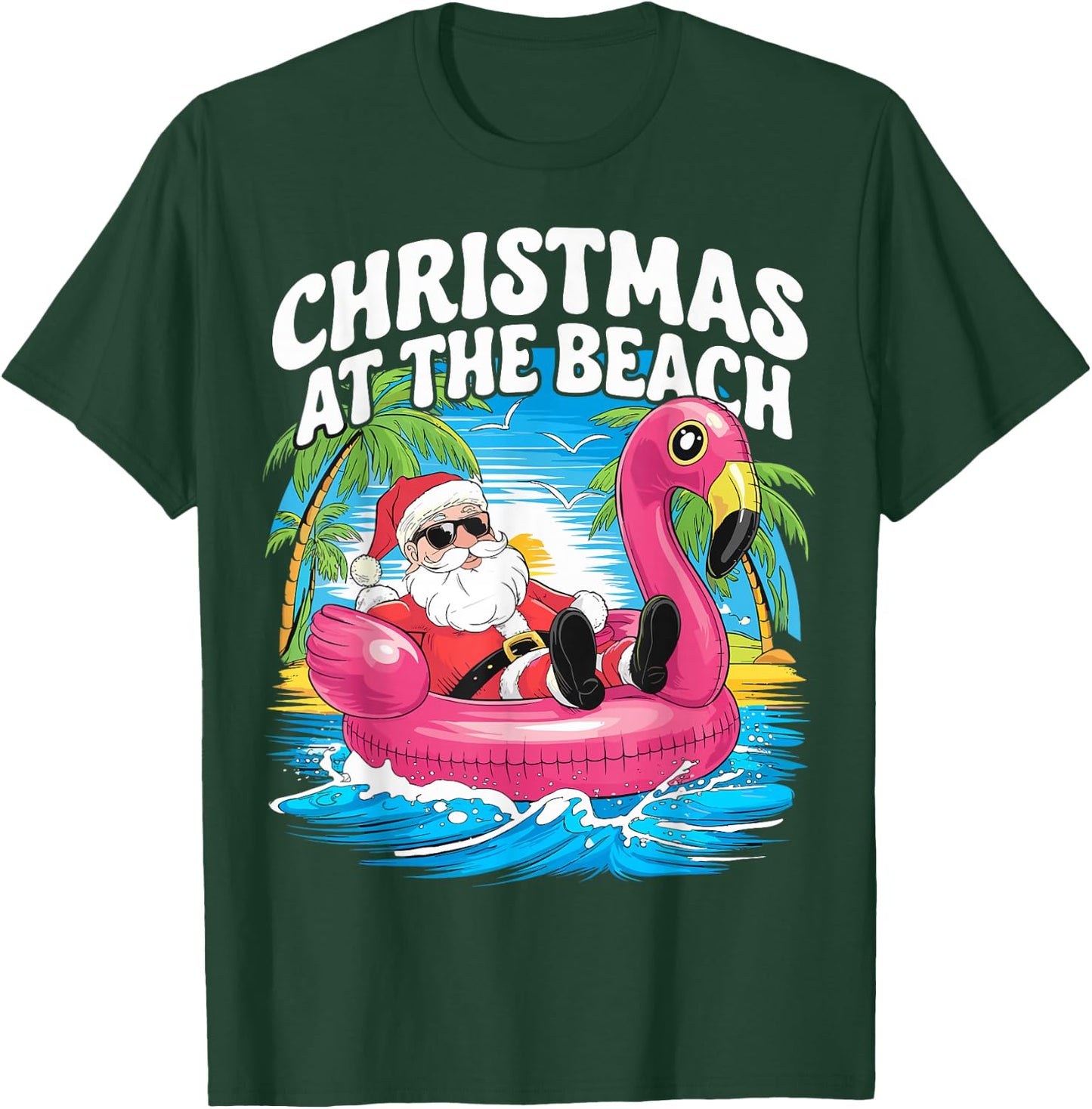 Flamingo Float Santa Claus Christmas At The Beach T-Shirt - T-Shirt | Forest