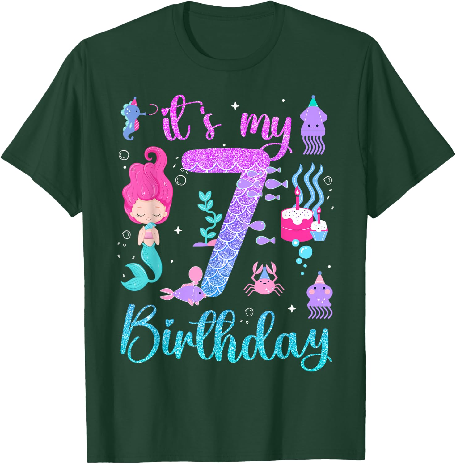 Mermaid Birthday Girls 7 Years Old Its My 7th Bday Mermaid T-Shirt - T-Shirt | Forest