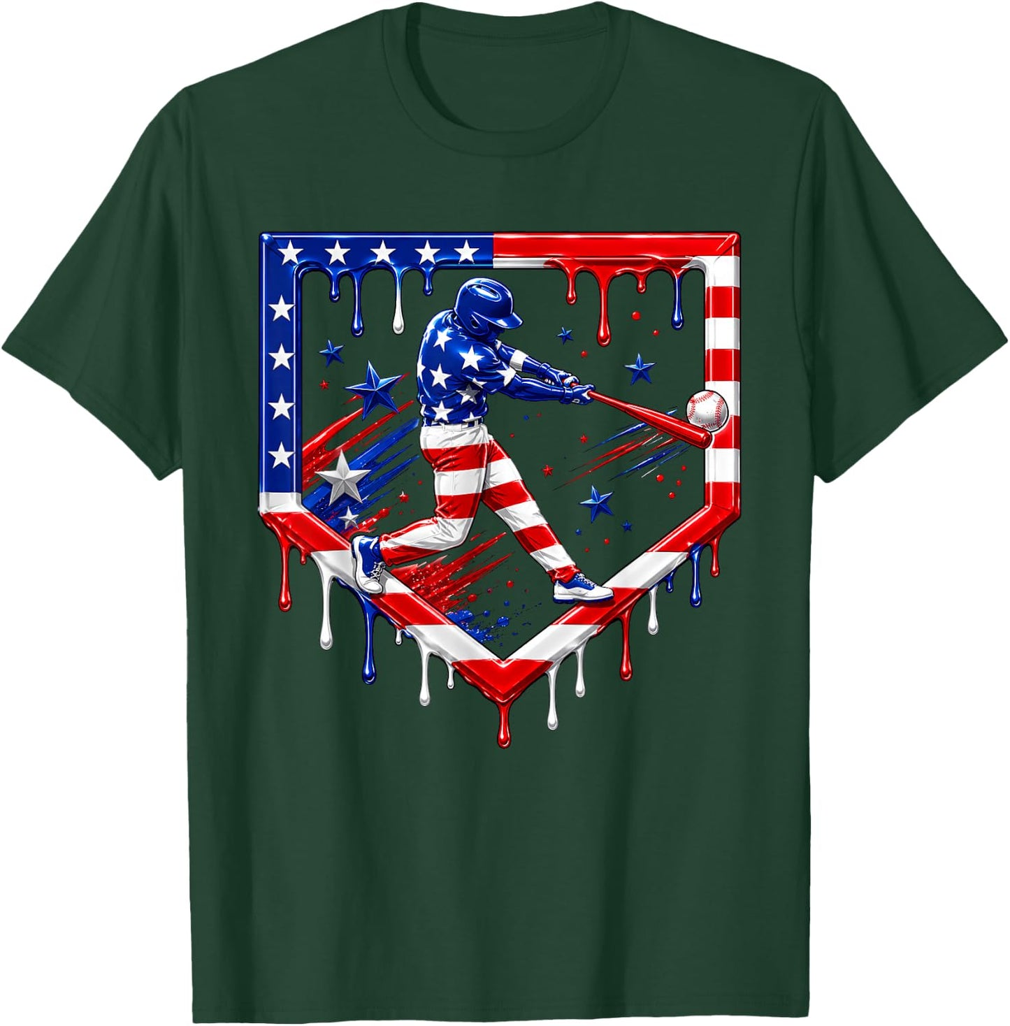 Baseball Drip Ice Cream USA Flag 4th of July Boys Youth Kids T-Shirt - T-Shirt | Forest