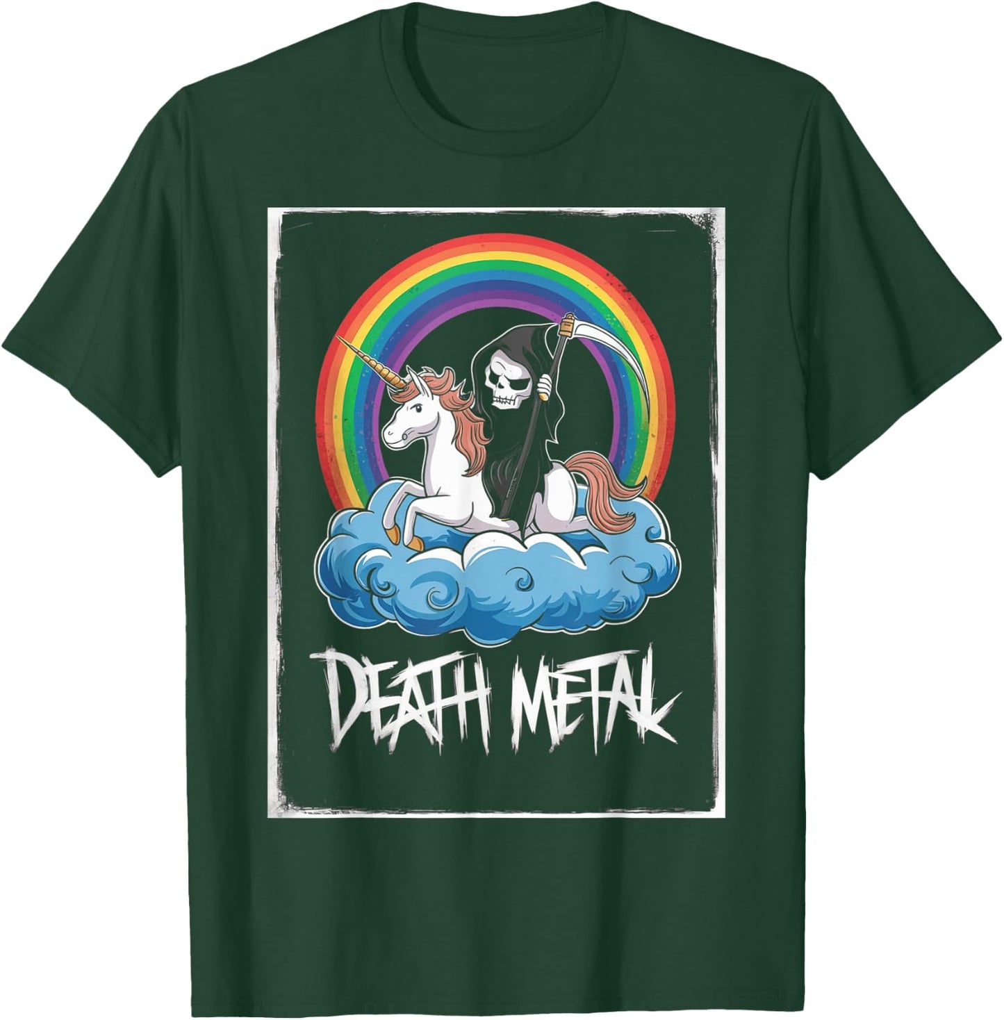 Grim Reaper Rides Unicorn Under Rainbow Death Metal Rocker T-Shirt - T-Shirt | Forest