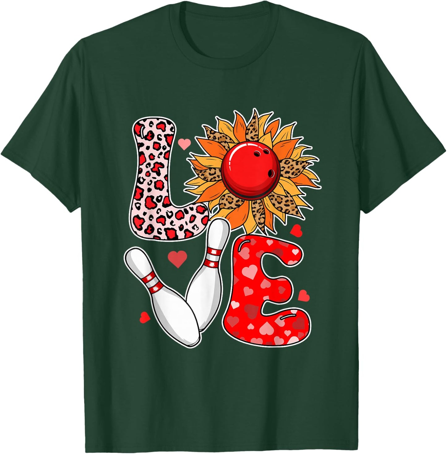 LOVE Leopard Sunflower Bowling Equipment Valentine Player T-Shirt - T-Shirt | Forest