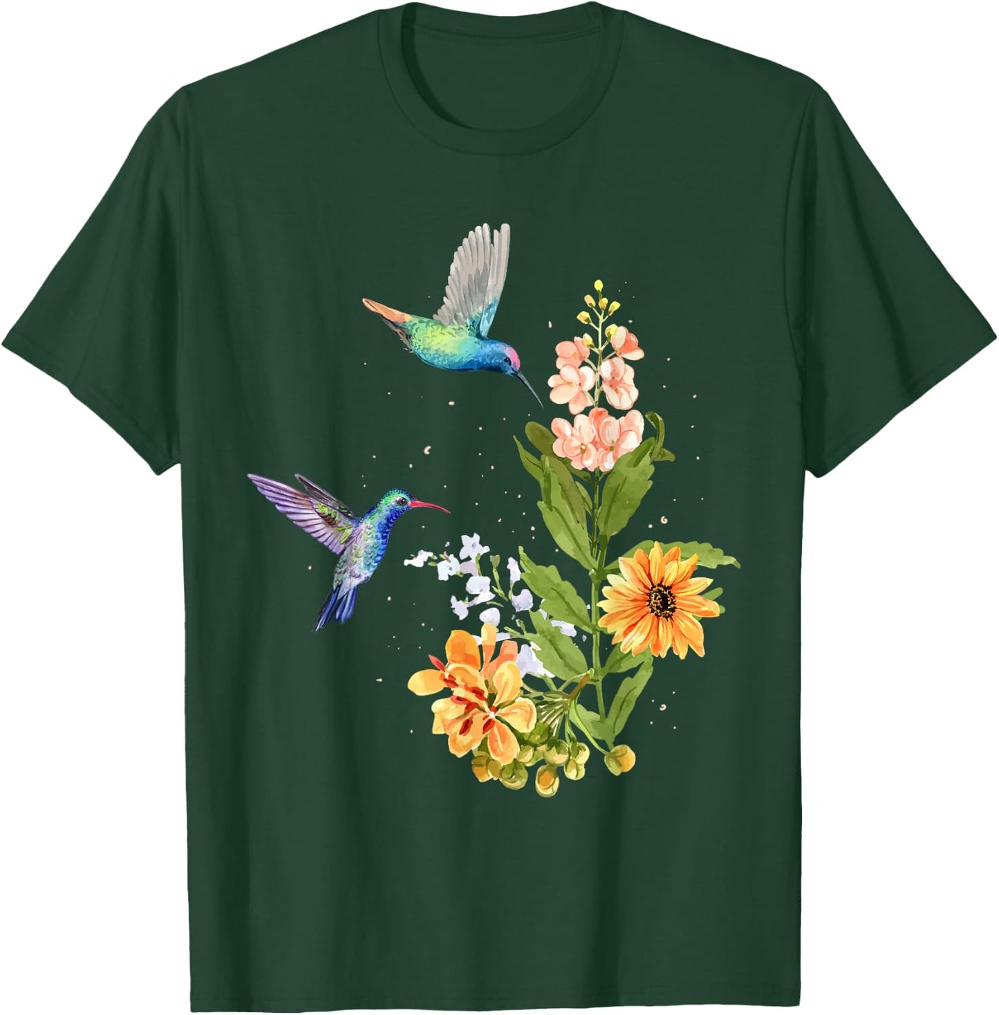 Hummingbird and Flower Watercolor Art Design Bird T-Shirt - T-Shirt | Forest