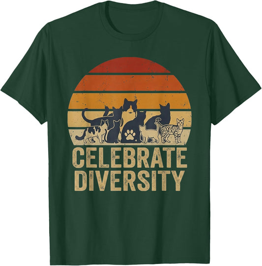 Retro Vintage Cat Celebrate Diversity Owners for Lovers T-Shirt - T-Shirt | Forest