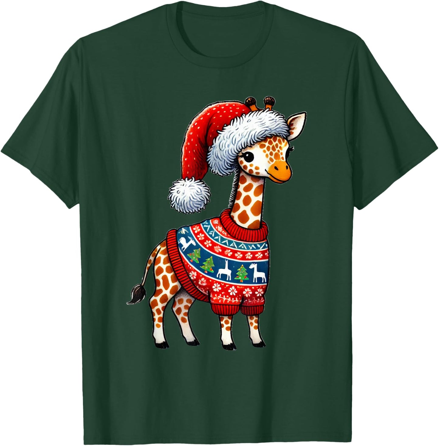 Giraffe Ugly Sweater Santa Hat Christmas T-Shirt - T-Shirt | Forest