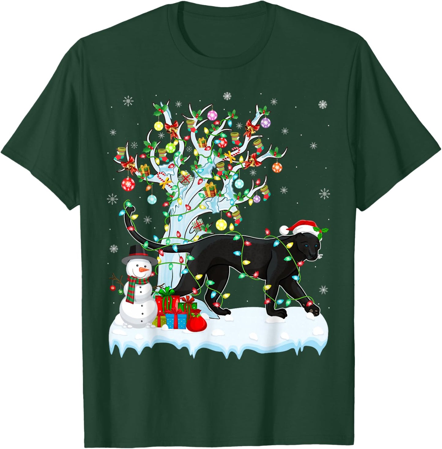 Panther Xmas Lighting Tree Santa Hat Panther Christmas T-Shirt - T-Shirt | Forest