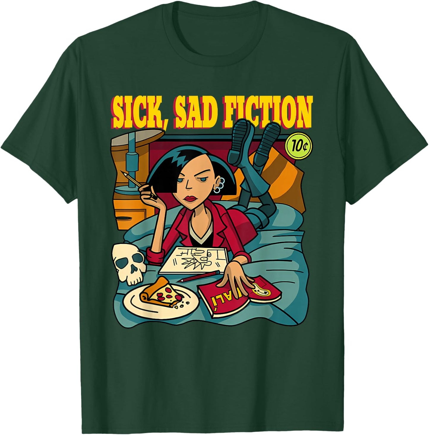 Sick Sad Fiction -Adults Black Modern Humorous Cartoon T-Shirt - T-Shirt | Forest