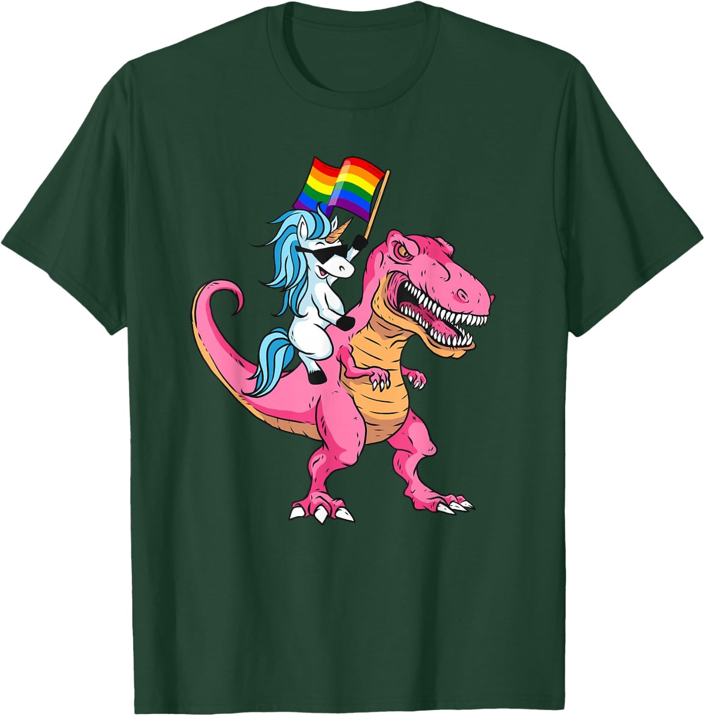Unicorn Riding Dinosaur Pride Flag LGBTQ Lesbian Gay Pride T-Shirt - T-Shirt | Forest