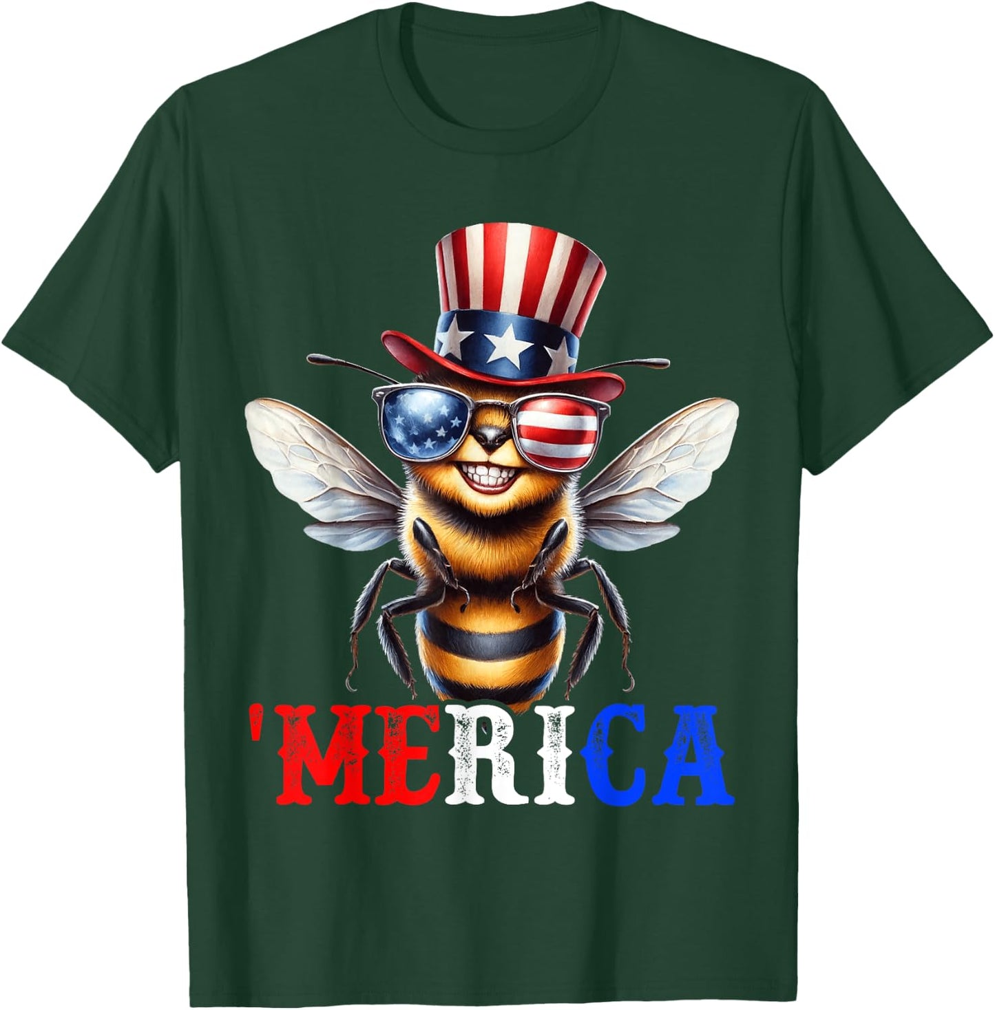 Merica Bee Patriotic 4th of July Beekeeper Funny Men Women T-Shirt - T-Shirt | Forest