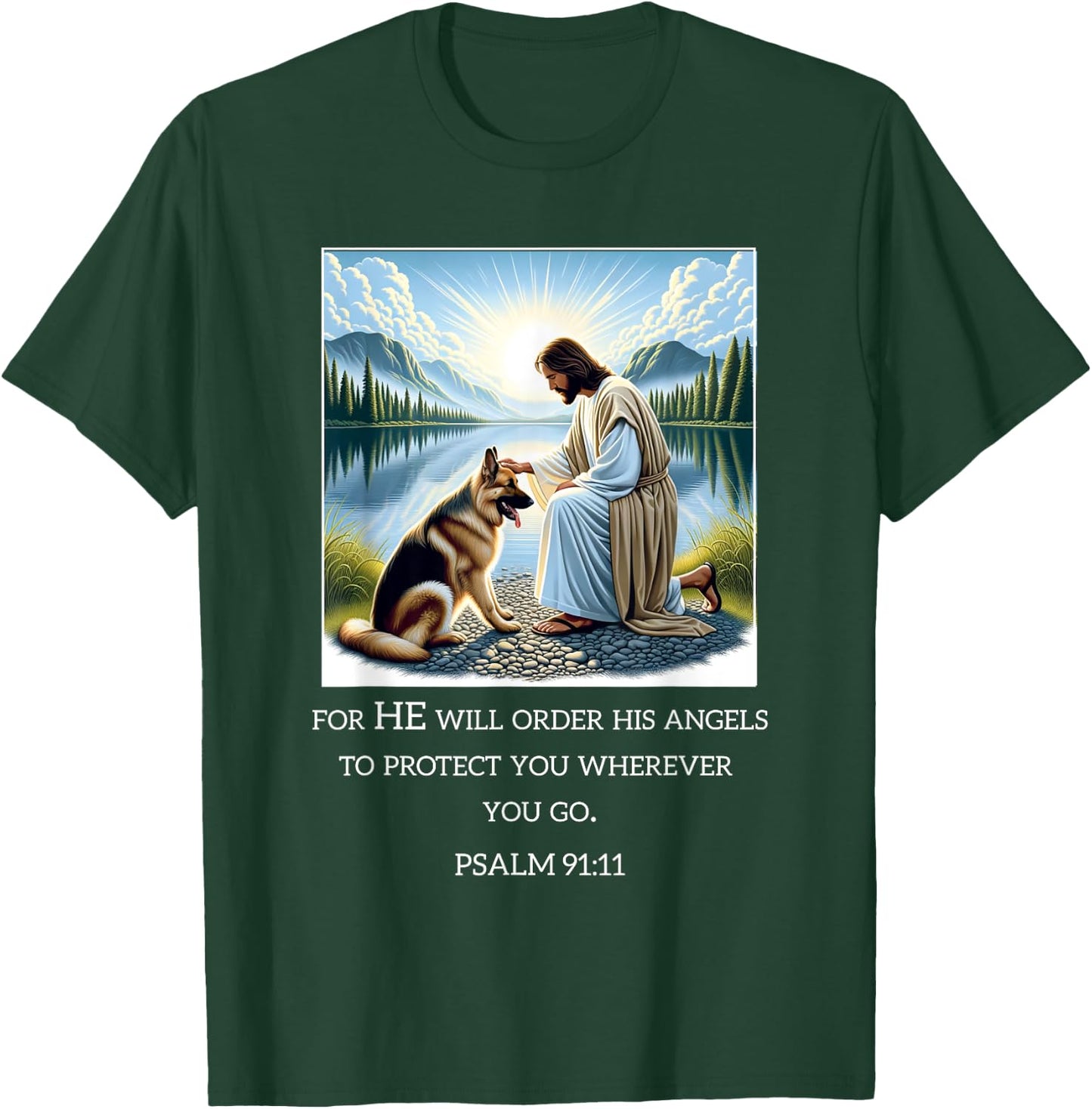 Jesus with Dogs Psalm 99 11- Jesus and a German Shepherd T-Shirt - T-Shirt | Forest