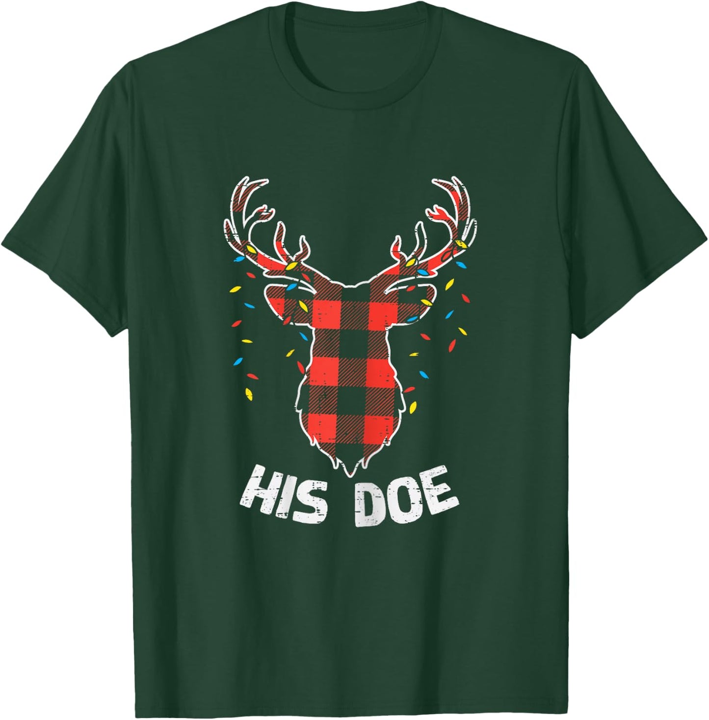 Plaid Reindeer His Doe Matching Christmas Couple Women PJ T-Shirt - T-Shirt | Forest