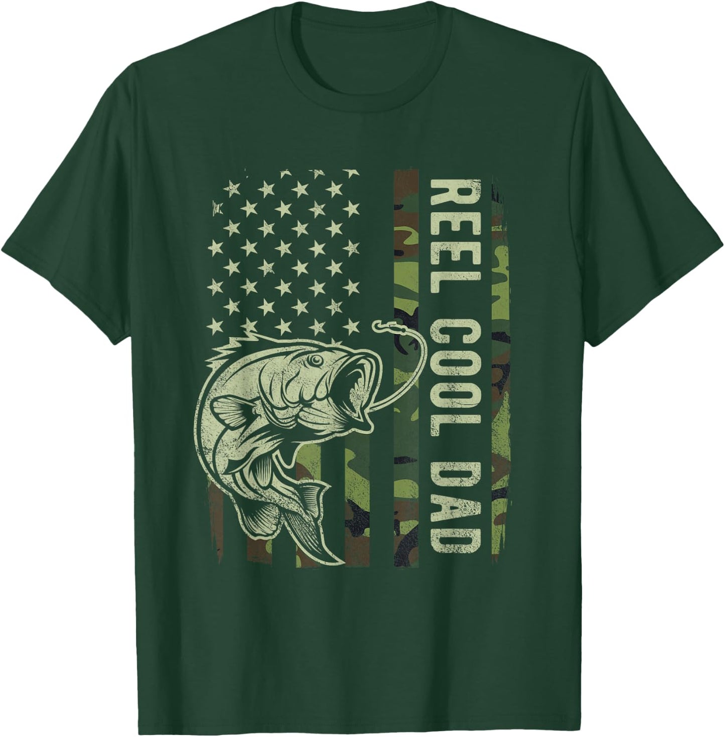 Reel Cool Dad Camouflage American Flag Bass Fish Fisherman T-Shirt - T-Shirt | Forest