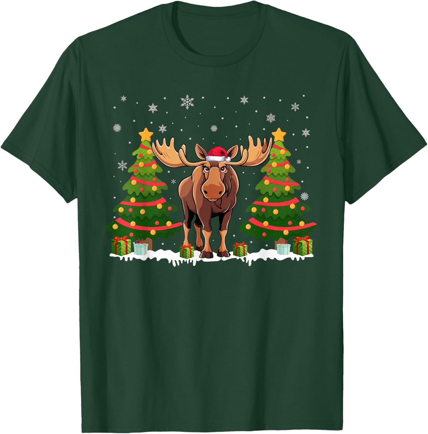 Xmas Tree Lights Moose Santa Hat Christmas Sweater T-Shirt - T-Shirt | Forest