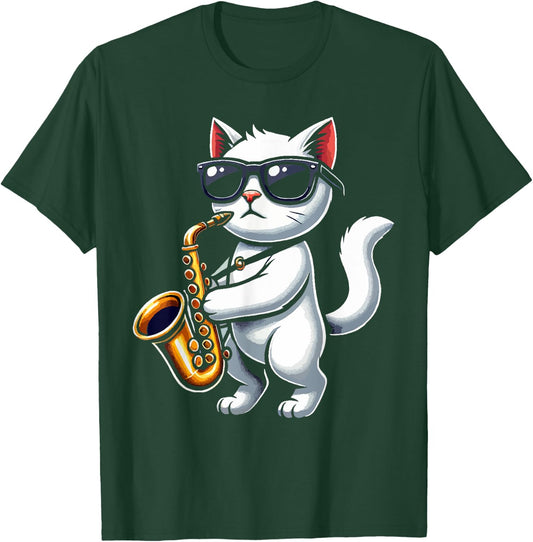 Funny Cat Wearing Sunglasses Playing Saxophone T-Shirt - T-Shirt | Forest