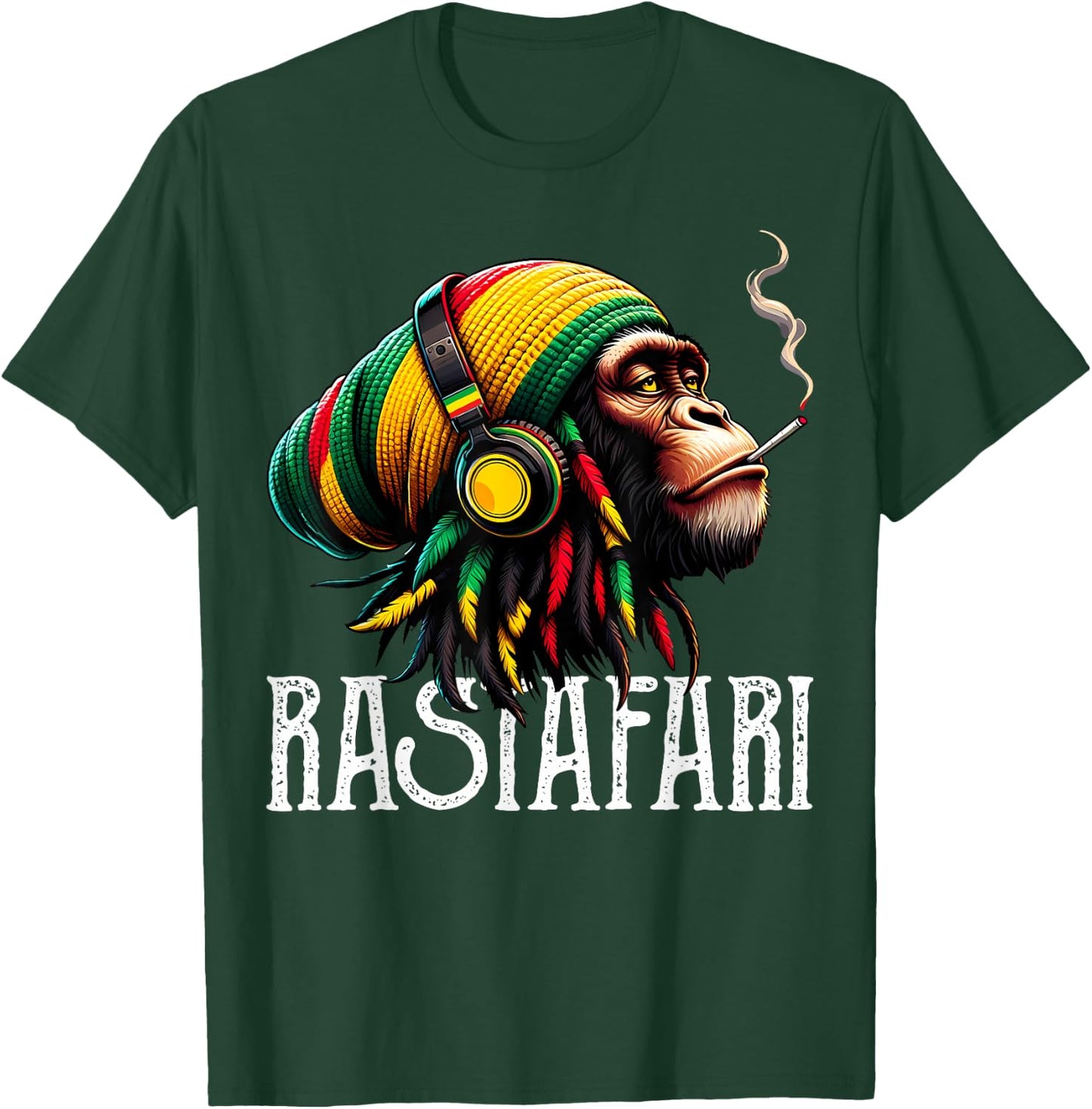 Jamaican Roots Reggae Chimpanzee Headphones Rastafari T-Shirt - T-Shirt | Forest