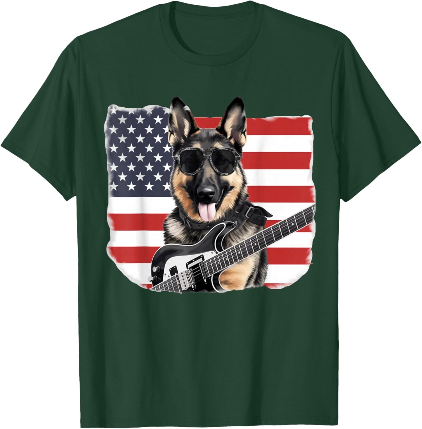 Sunglasses German Shepherd Guitar Rock & Roll American Flag T-Shirt - T-Shirt | Forest