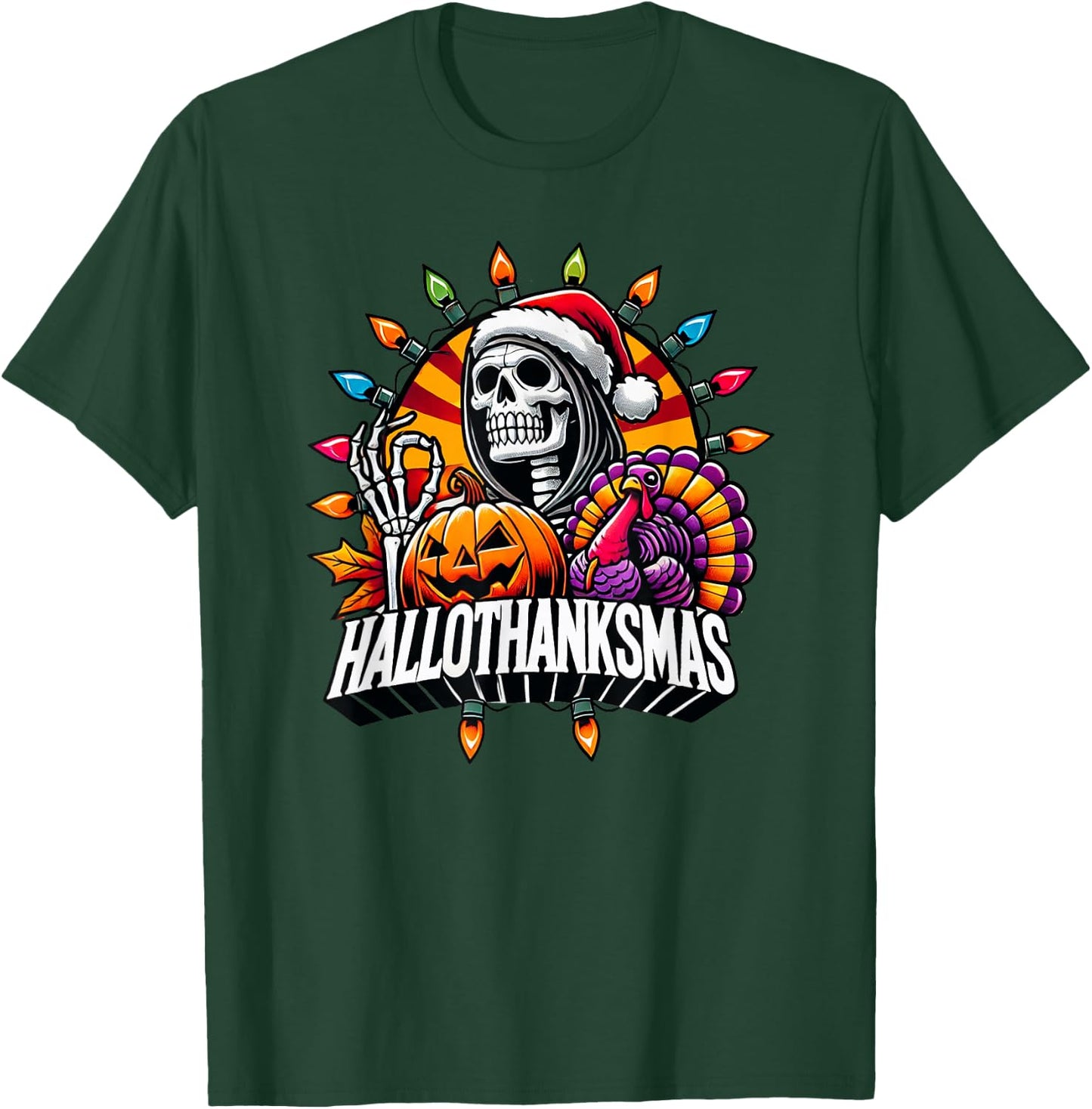Happy HallowThanksMas Halloween Thanksgiving Christmas Fall T-Shirt - T-Shirt | Forest