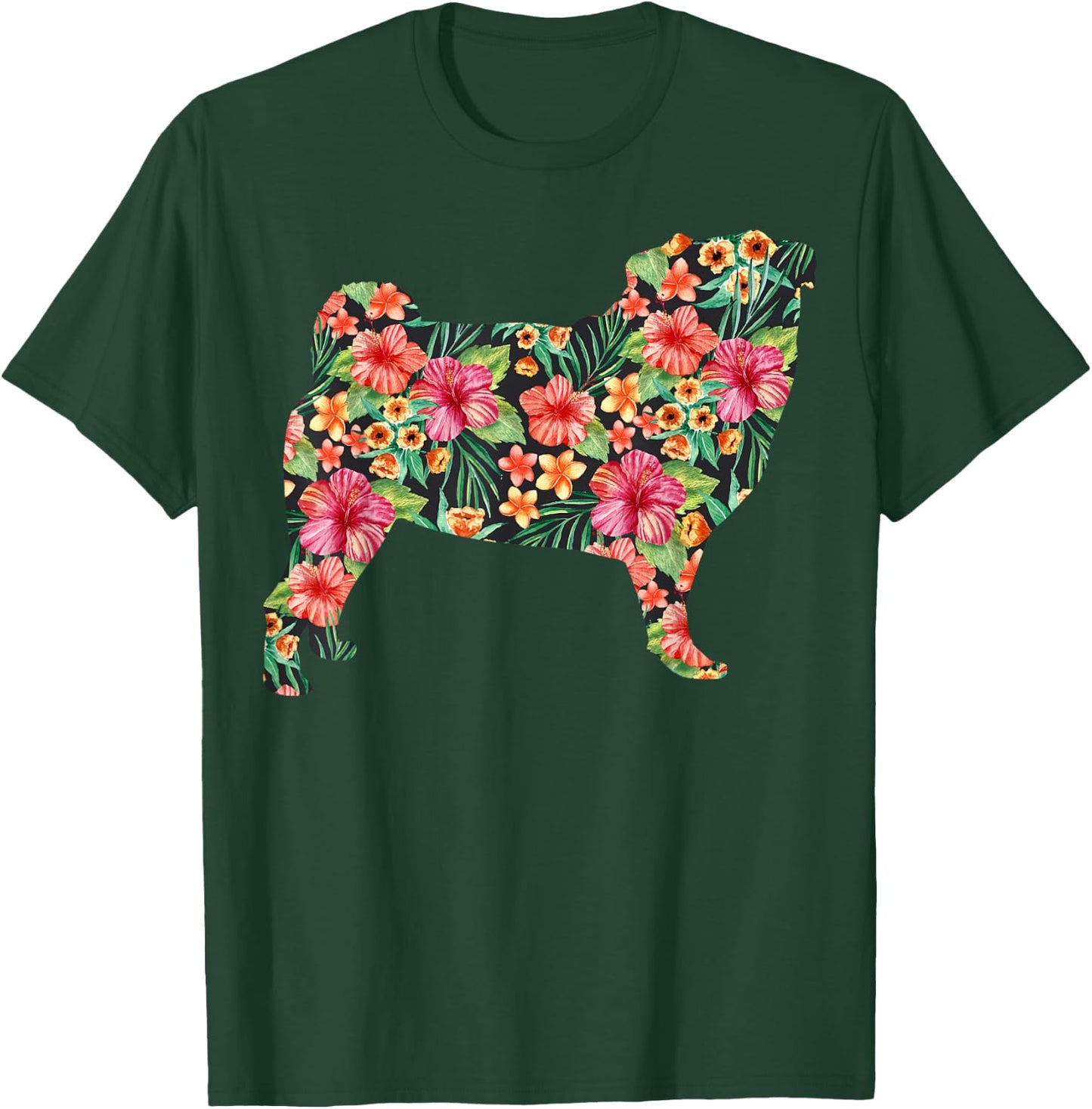 Pug Flower Funny Dog Silhouette Floral Gifts Women Men T-Shirt - T-Shirt | Forest