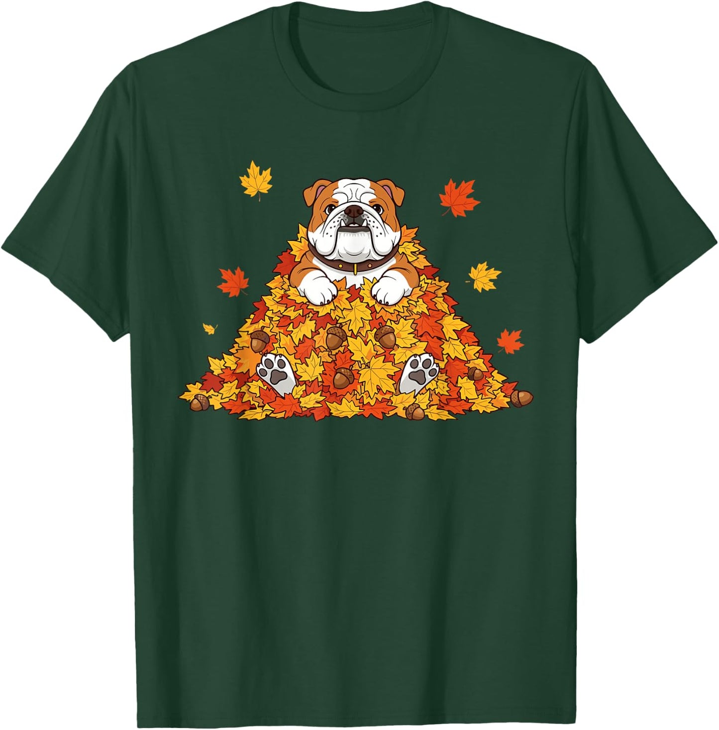 Thanksgiving English Bulldog Costume Kids, Fall Leaves Dog T-Shirt - T-Shirt | Forest