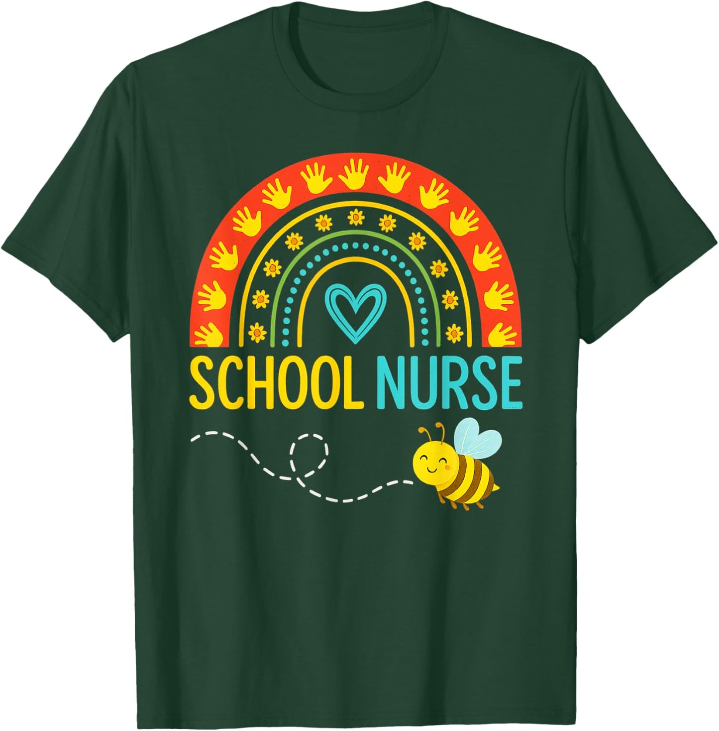 School Nurse Bee Rainbow Handprint Art T-Shirt - T-Shirt | Forest
