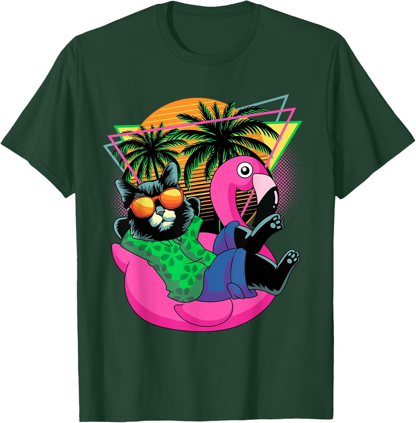 Retro 80s 90s Flamingo Cat Gifts Men Kids Women Funny Cat T-Shirt - T-Shirt | Forest