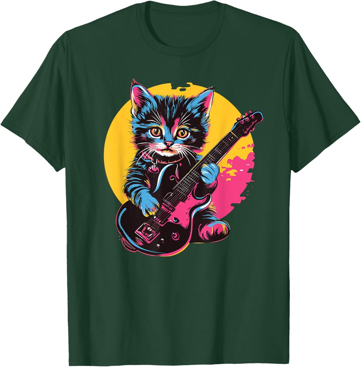 Cute Kitten Playing Guitar Rock Style , Black, S T-Shirt - T-Shirt | Forest